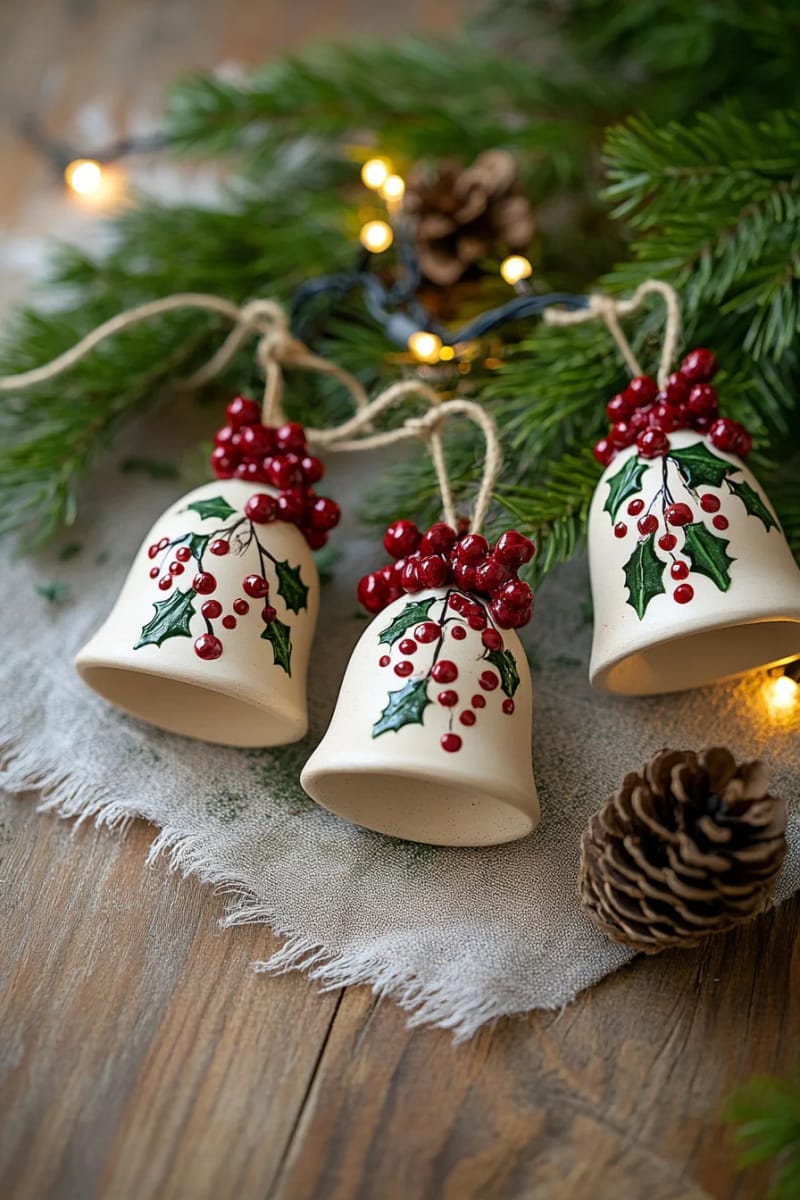 clay bell ornaments painted with tiny red holly berries and green leaves 1