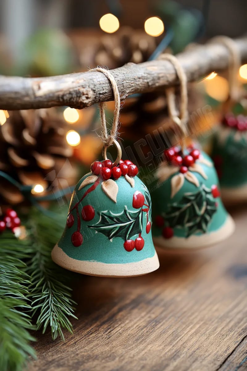 clay bell ornaments painted with tiny red holly berries and green leaves 1