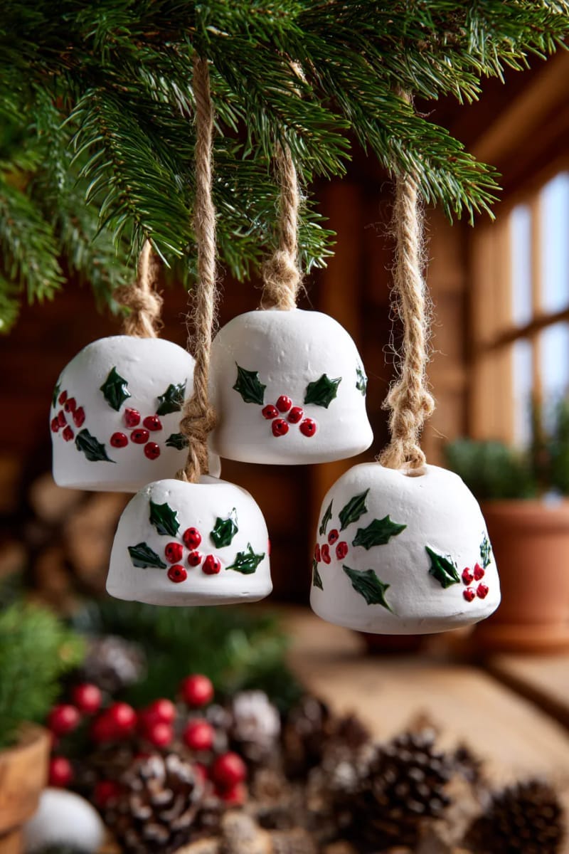 clay bell ornaments painted with tiny red holly berries and green leaves 1
