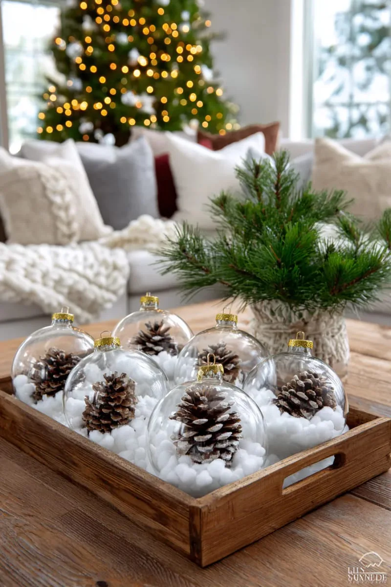 clear christmas balls filled with faux snow and mini pinecones 1