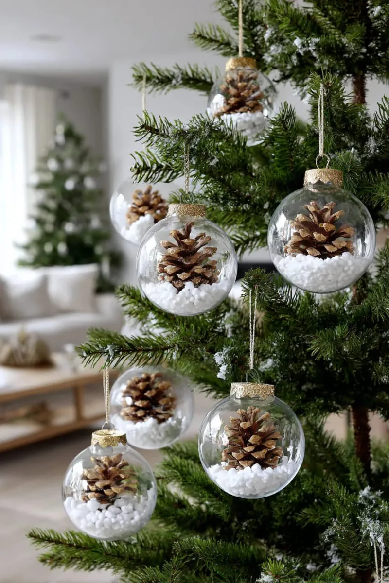 clear christmas balls filled with faux snow and mini pinecones 1