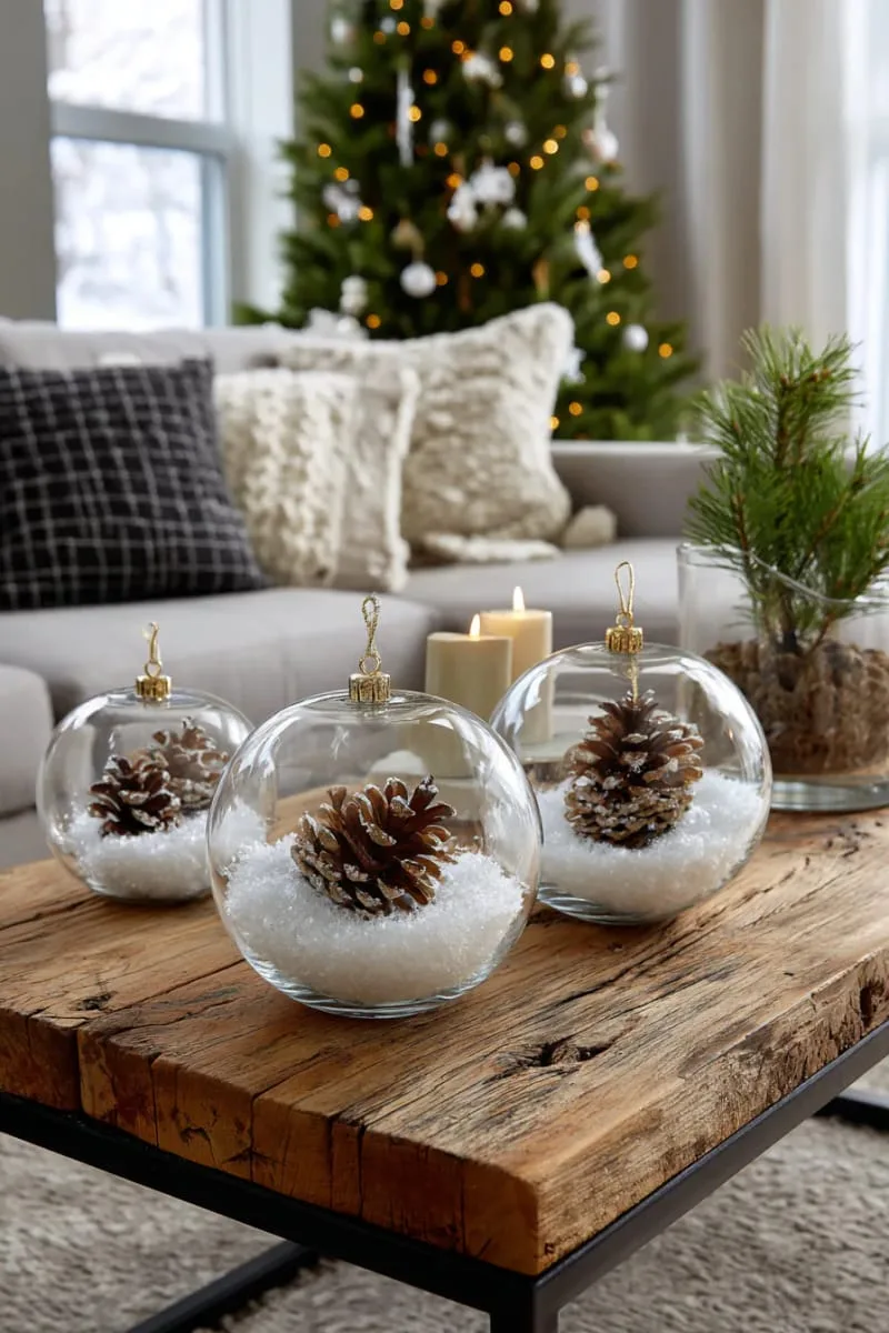 clear christmas balls filled with faux snow and mini pinecones 1