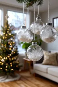 29 Simple Christmas Decor Ideas for a Beautiful Holiday Season 1 clear glass ornaments filled with white feathers 51