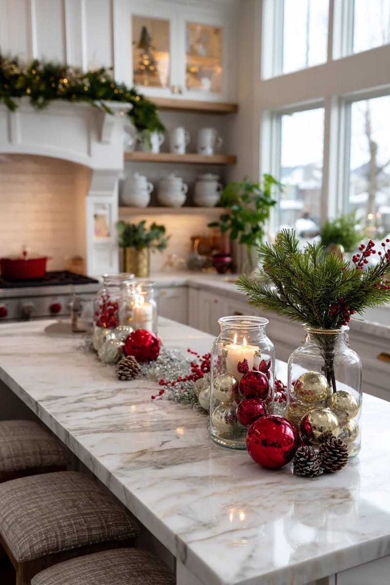 clear vases filled with ornaments and pine branches for coffee table decor 1