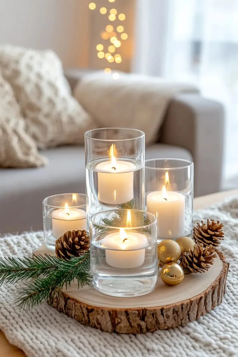 clear vases with floating pine sprigs and tealights 1