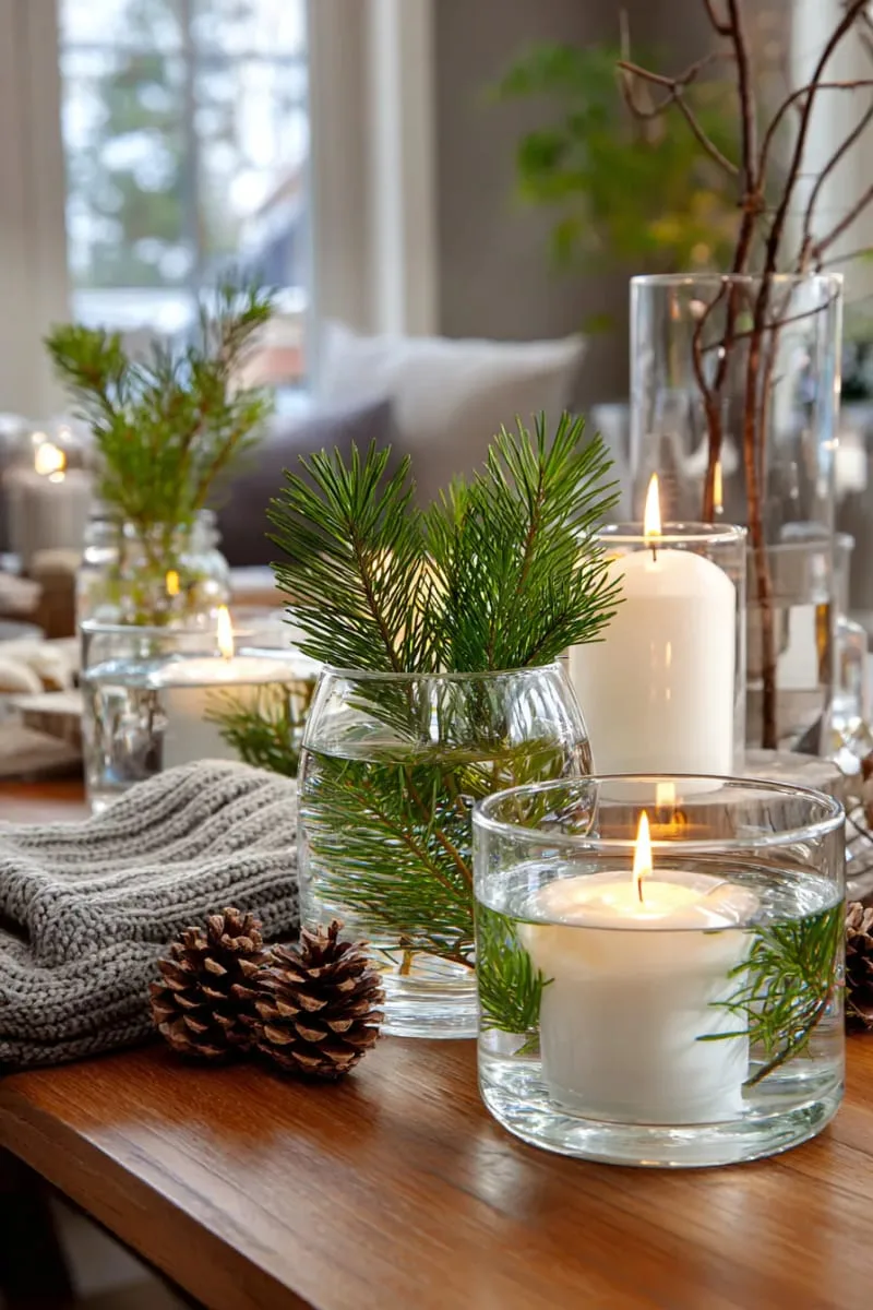 clear vases with floating pine sprigs and tealights 1