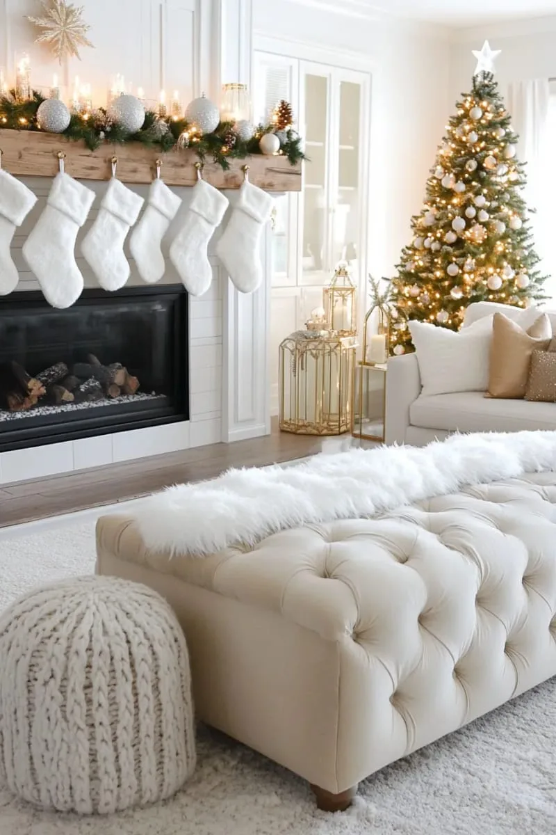 25 New Gorgeous White Christmas Decor Ideas That Wow 13 cloud-like faux fur stockings hung on a whitewashed fireplace 1