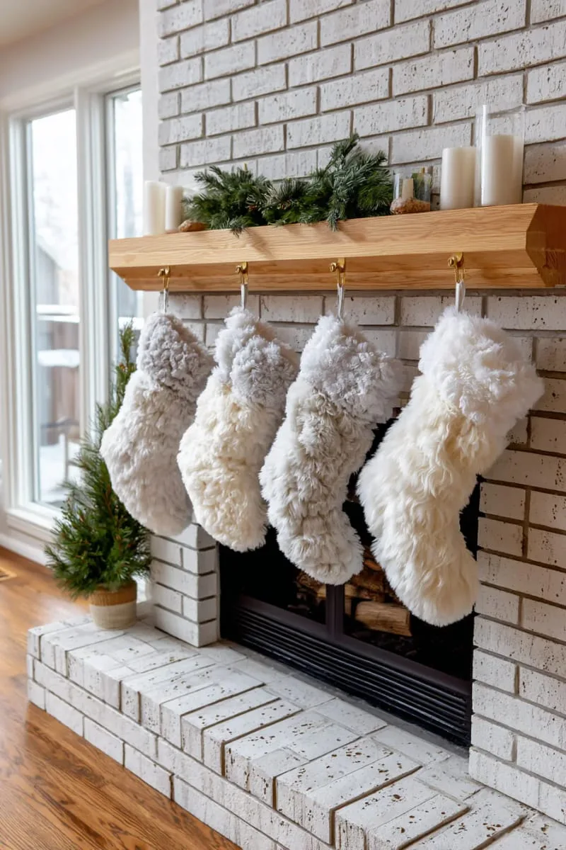 25 New Gorgeous White Christmas Decor Ideas That Wow 14 cloud-like faux fur stockings hung on a whitewashed fireplace 1