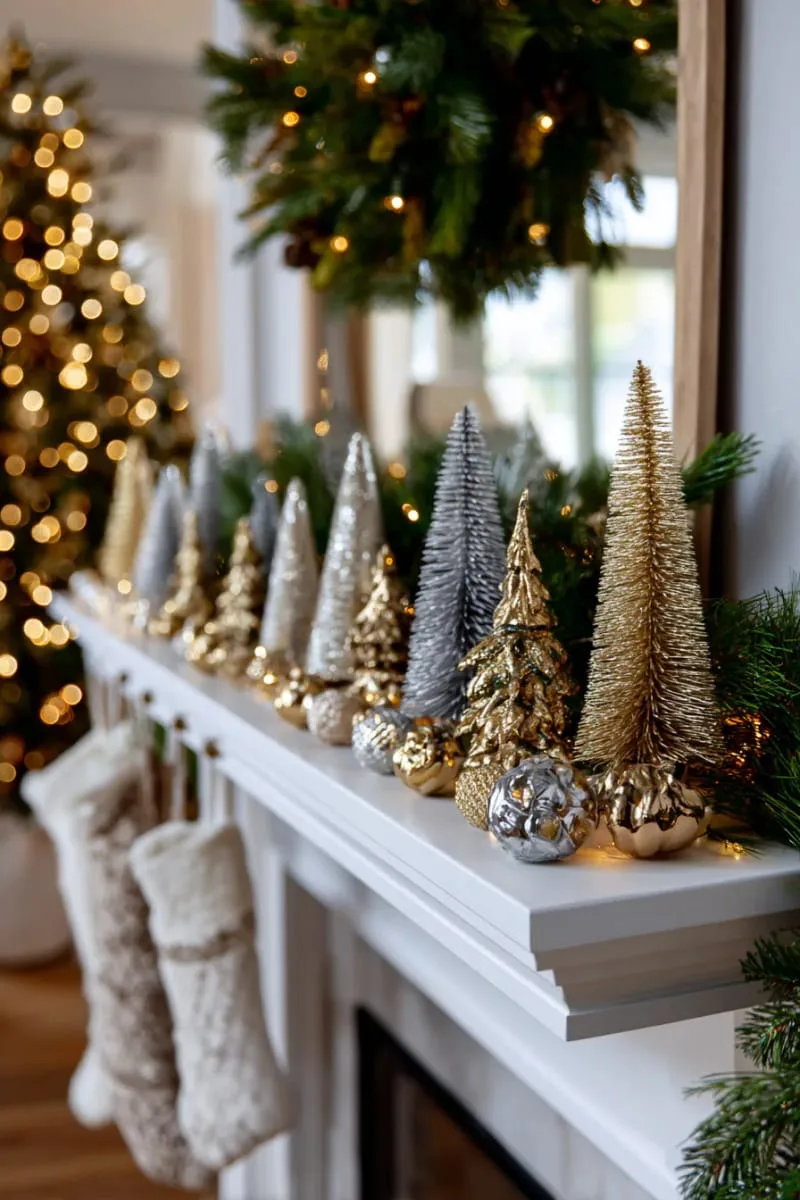 clustered bottle brush trees in metallic shades on the mantle 1