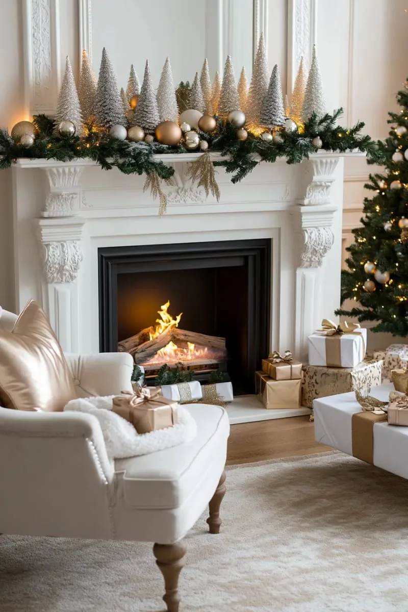 clustered bottle brush trees in metallic shades on the mantle 1