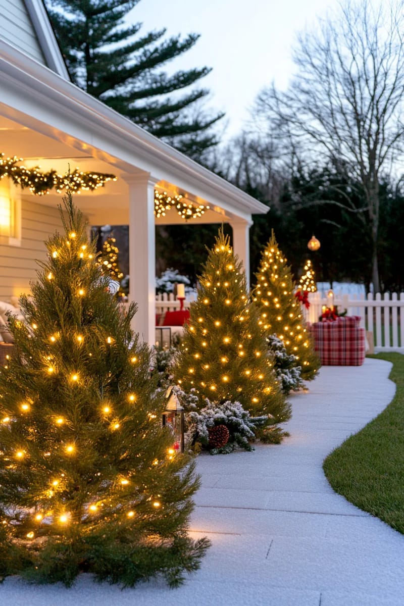 clustered cone trees with gradient lights creating a church stage vibe 1