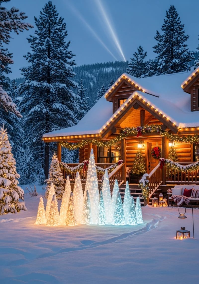 clustered cone trees with gradient lights creating a church stage vibe 1