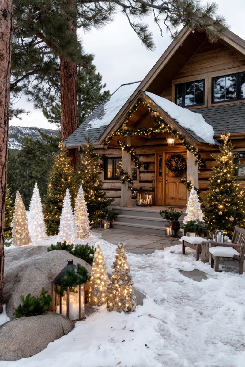 clustered cone trees with gradient lights creating a church stage vibe 1