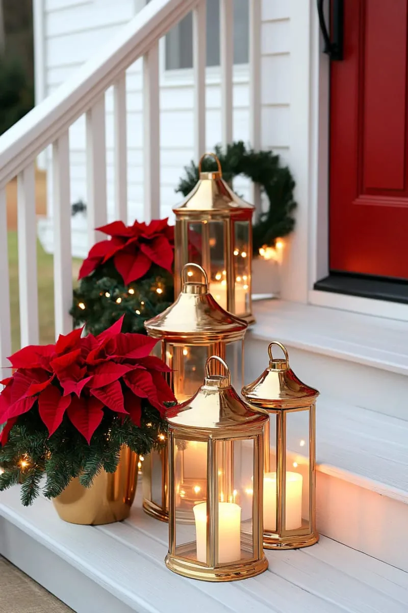 clustered gold lanterns and red poinsettias lining the porch steps for a luxe look 1