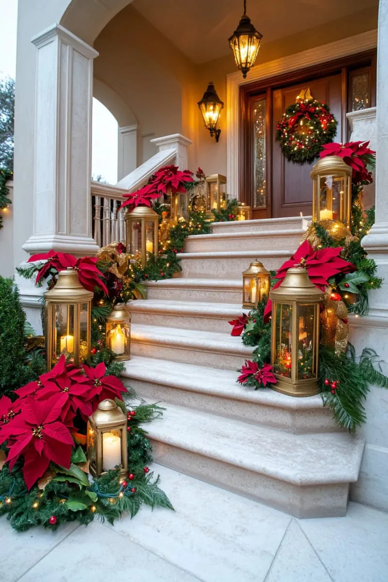 clustered gold lanterns and red poinsettias lining the porch steps for a luxe look 1