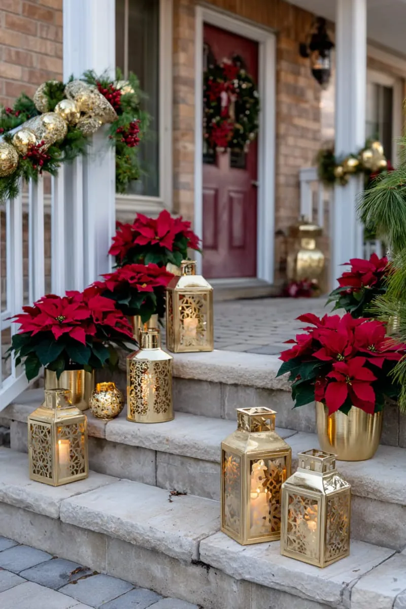 clustered gold lanterns and red poinsettias lining the porch steps for a luxe look 1