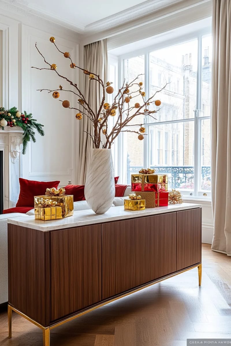 clustered mini baubles in gold and red for a statement branch 1