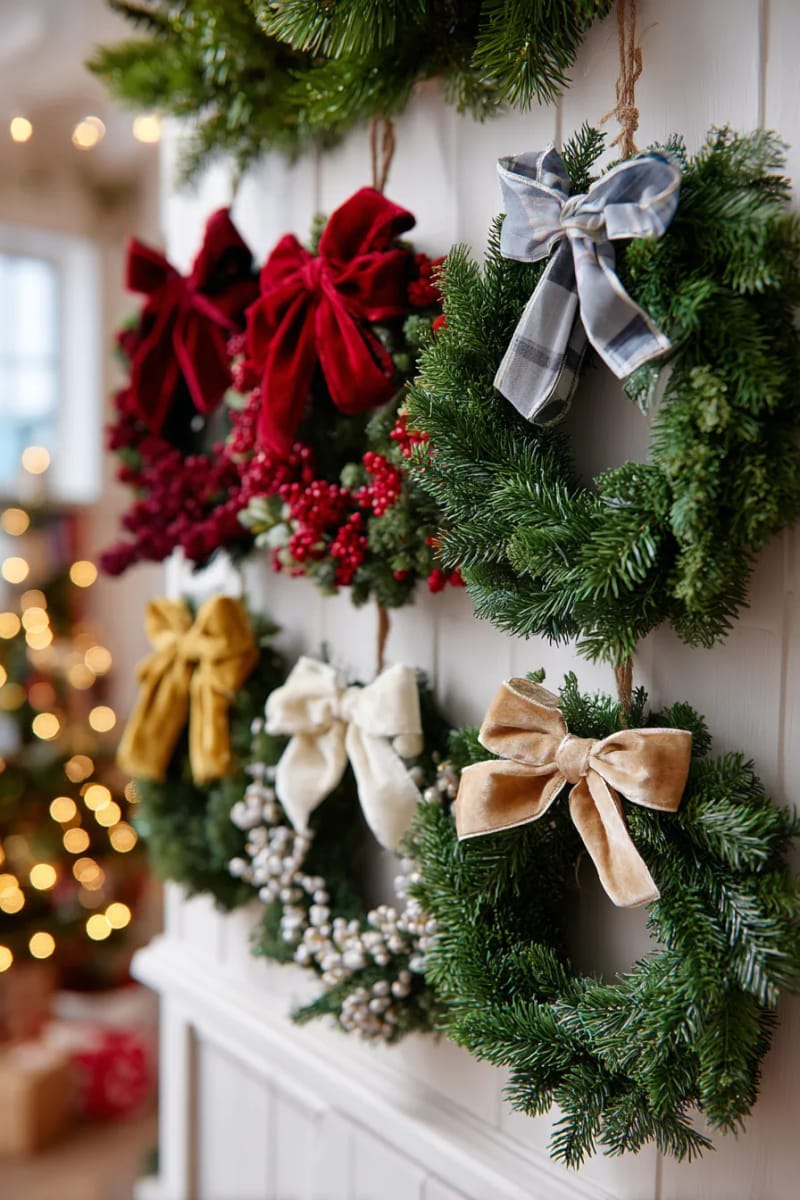 25 Best Christmas Window Decor Ideas to Try This Year 46 clustered mini wreaths, each with a different ribbon, hanging at different heights. 1