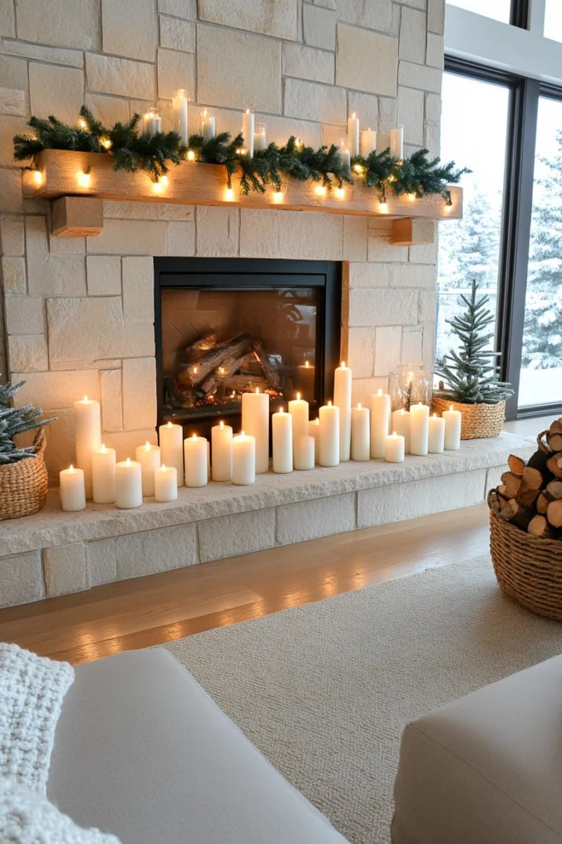 clustered pillar candles illuminating a wintery living room hearth 1