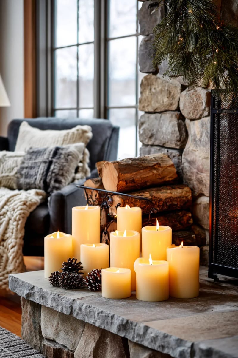 clustered pillar candles illuminating a wintery living room hearth 1