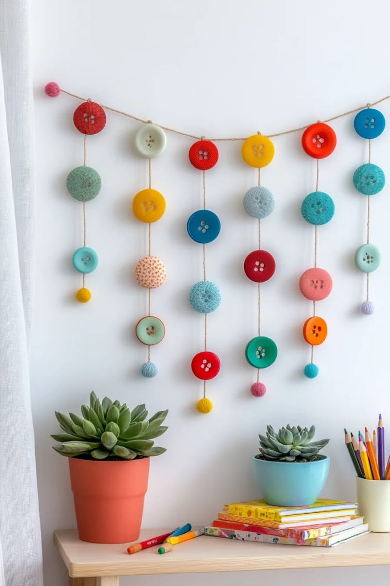 27 Stunning Christmas Decoration Crafts for a Unique 2025 133 colorful button and string garland for playful room decoration 1