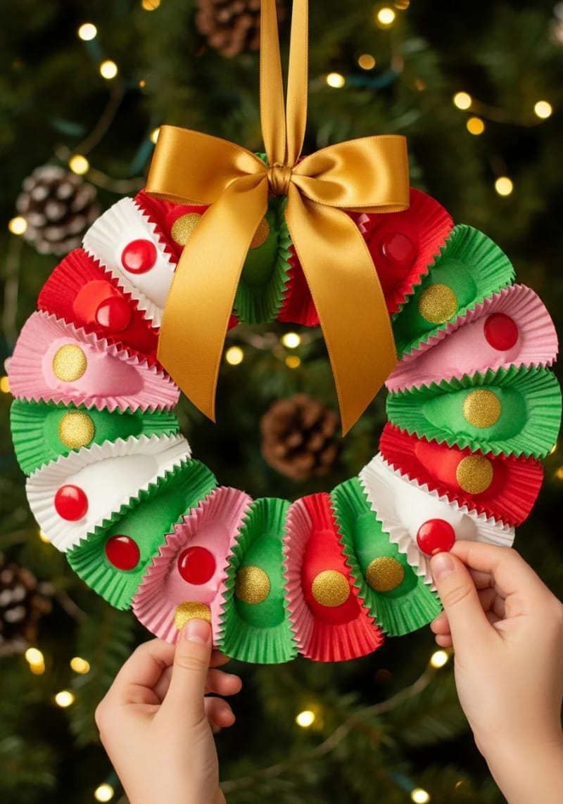 colorful cupcake liner wreaths with sticker “berries” and bow accents 1