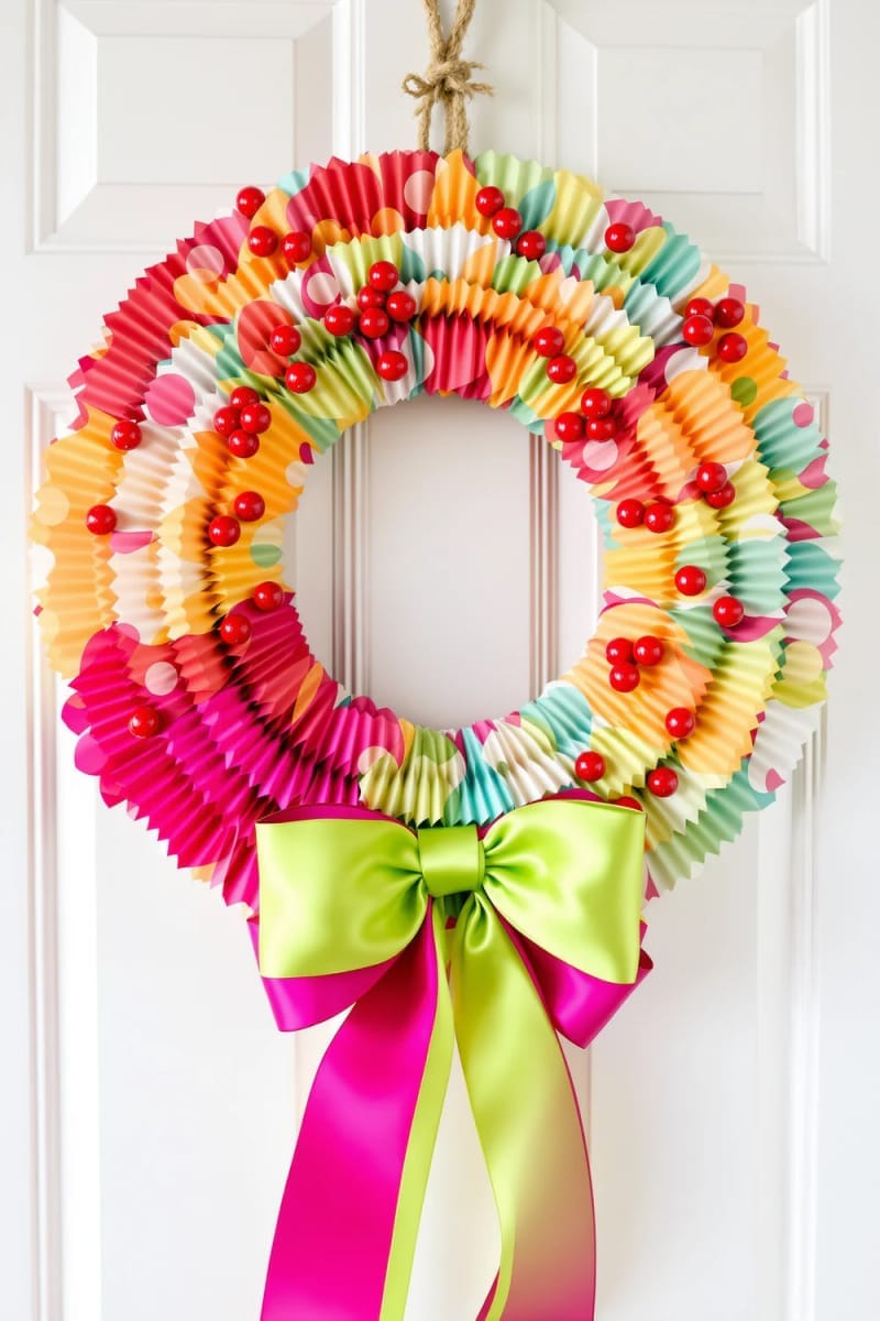 colorful cupcake liner wreaths with sticker “berries” and bow accents 1