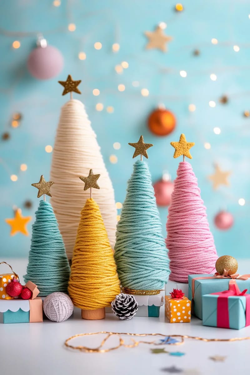 23 Kids Christmas Tree Ideas Full of Color, Whimsy, and Holiday Cheer 39 colorful yarn-wrapped cone trees arranged in a whimsical cluster 1