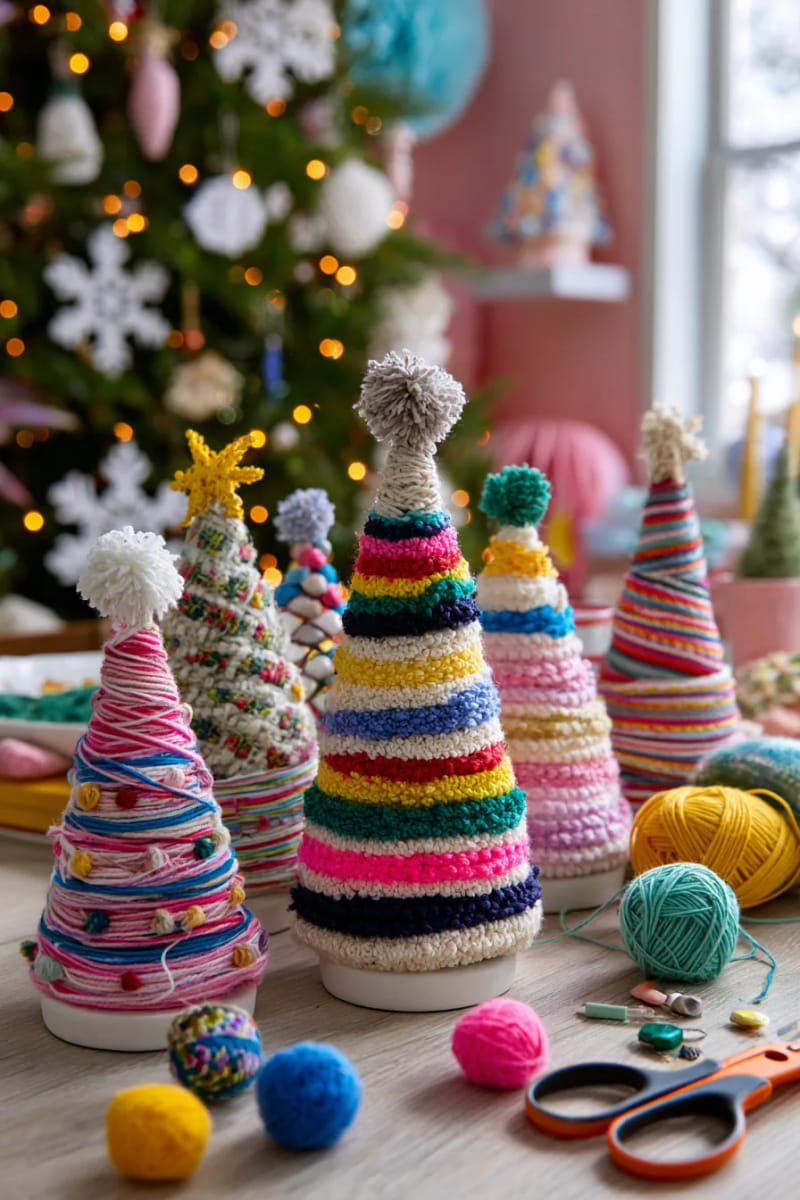 23 Kids Christmas Tree Ideas Full of Color, Whimsy, and Holiday Cheer 40 colorful yarn-wrapped cone trees arranged in a whimsical cluster 1