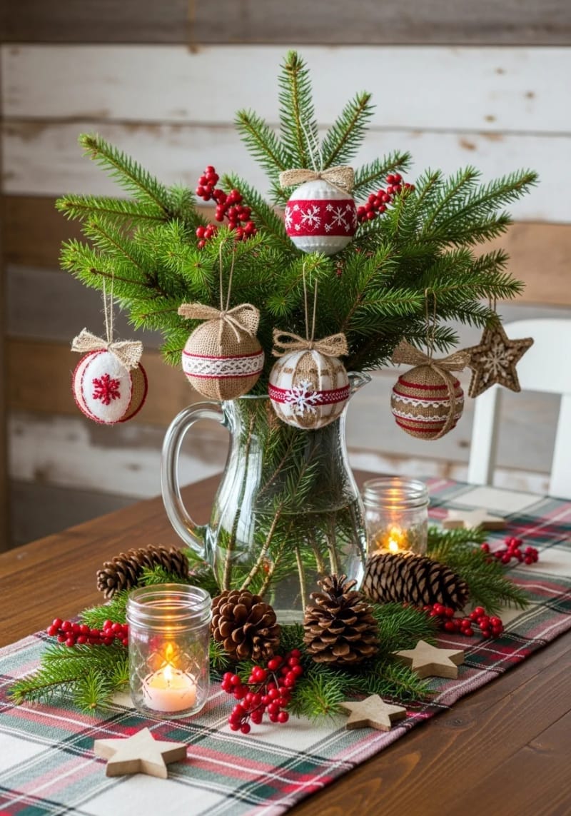 combine natural pine branches and handmade ornaments for a country christmas arrangement. 1