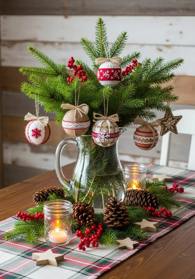 combine natural pine branches and handmade ornaments for a country christmas arrangement. 1