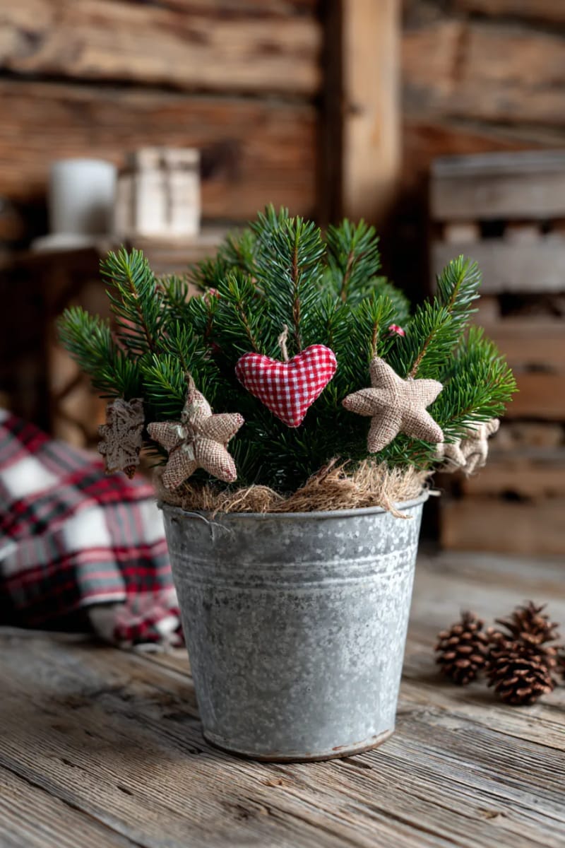 combine natural pine branches and handmade ornaments for a country christmas arrangement. 1