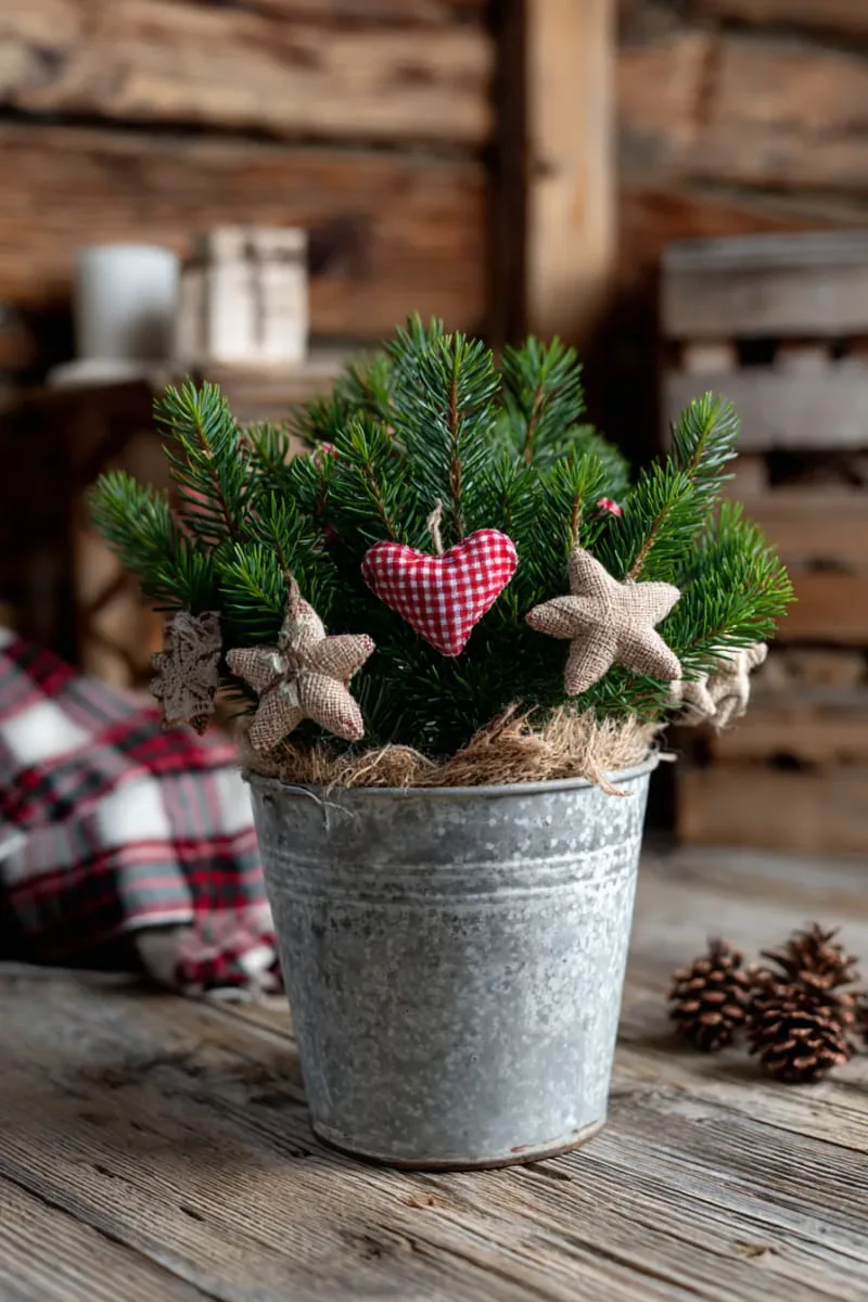 combine natural pine branches and handmade ornaments for a country christmas arrangement. 1