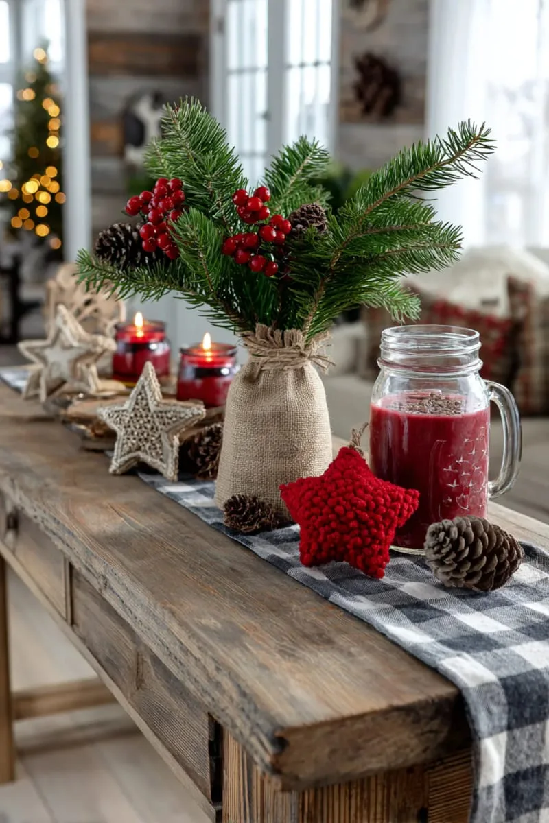 combine natural pine branches and handmade ornaments for a country christmas arrangement. 1