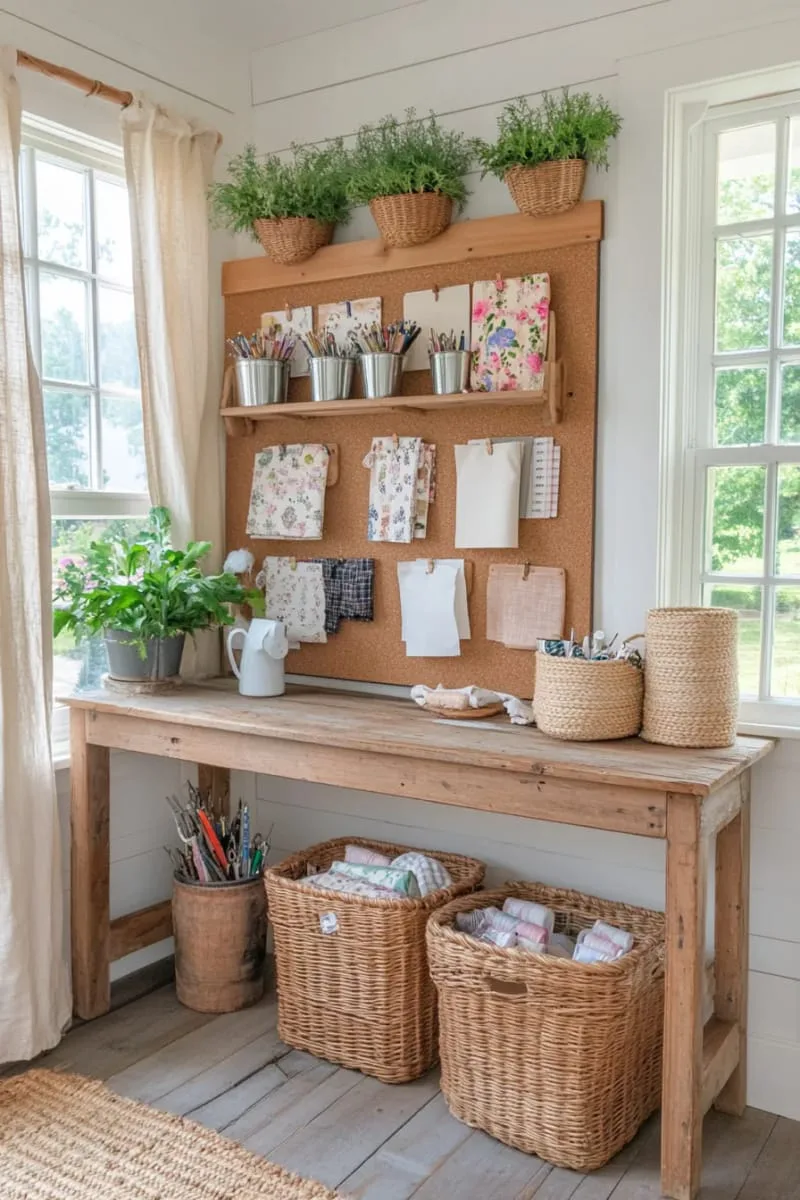 15 Sewing Room Organization Ideas to Declutter and Inspire Creativity 66 corkboard inspiration wall with pinned sewing patterns and fabric cuttings 1