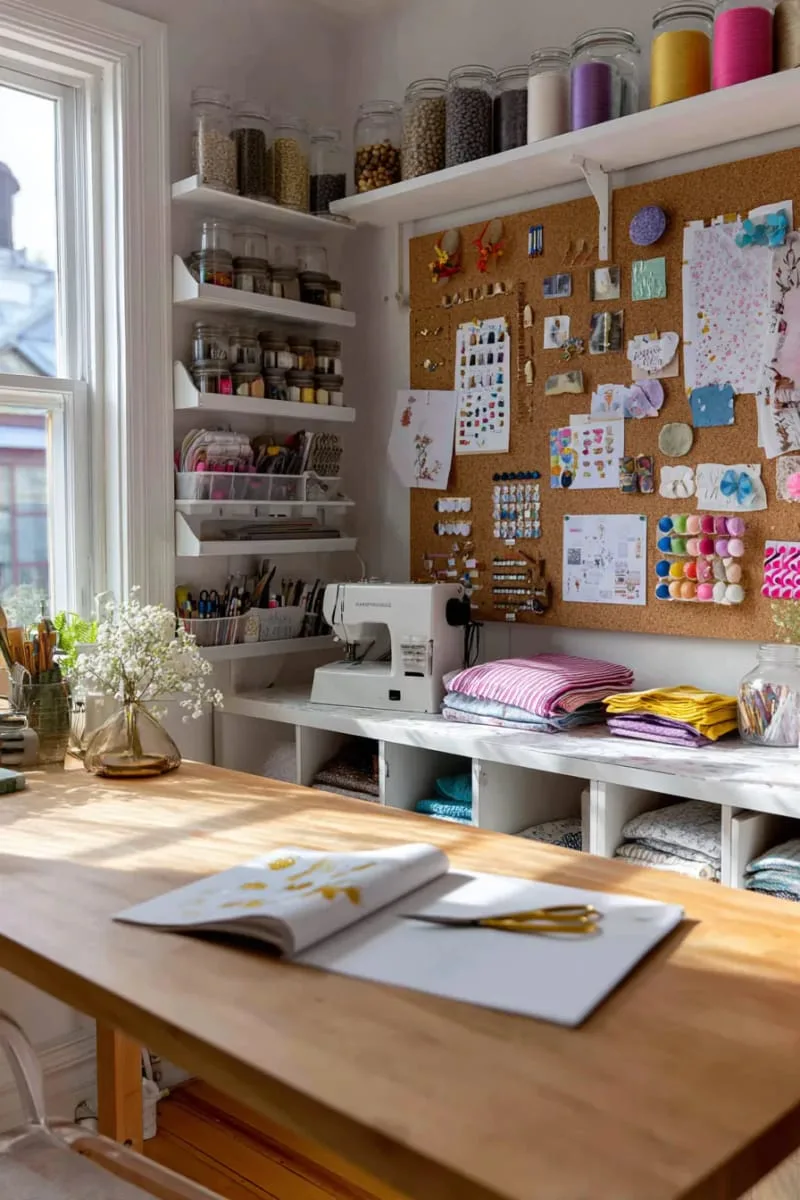 15 Sewing Room Organization Ideas to Declutter and Inspire Creativity 70 corkboard inspiration wall with pinned sewing patterns and fabric cuttings 1