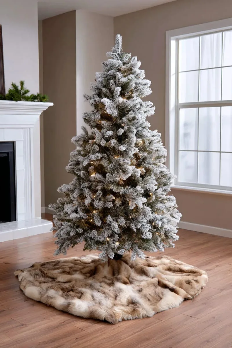 cozy brown faux fur rug under a flocked christmas tree 1