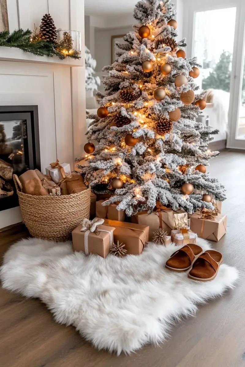 cozy brown faux fur rug under a flocked christmas tree 1
