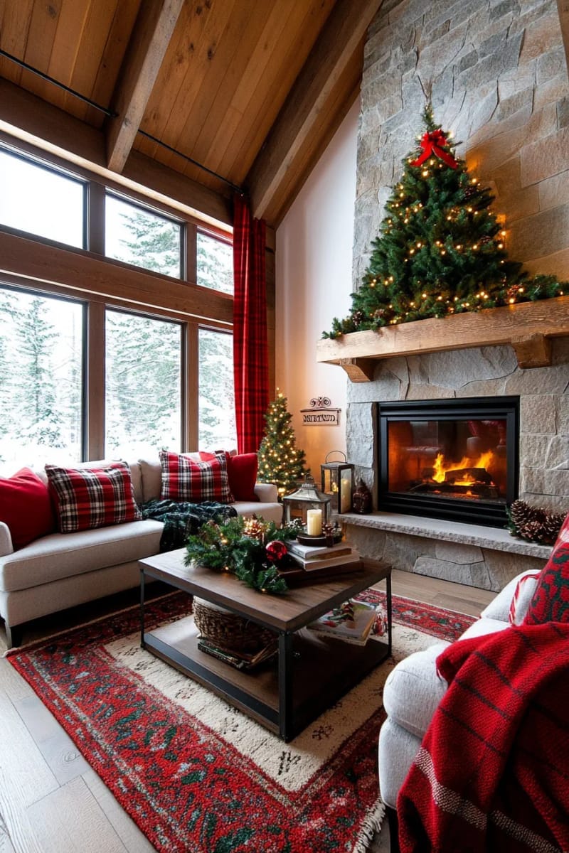 cozy cabin interiors with plaid blankets and twinkling garlands 1