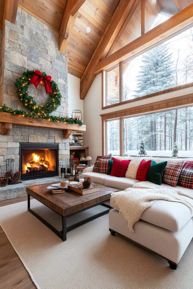cozy cabin interiors with plaid blankets and twinkling garlands 1