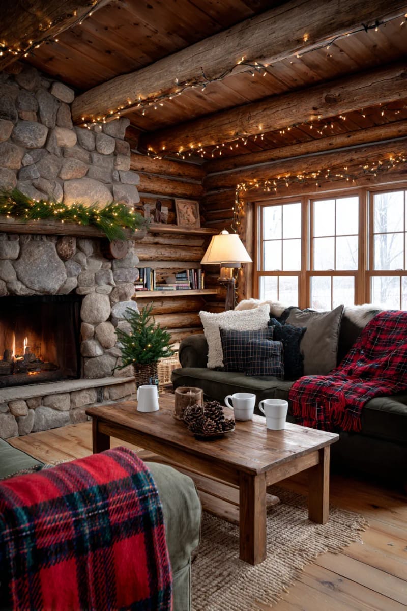 cozy cabin interiors with plaid blankets and twinkling garlands 1