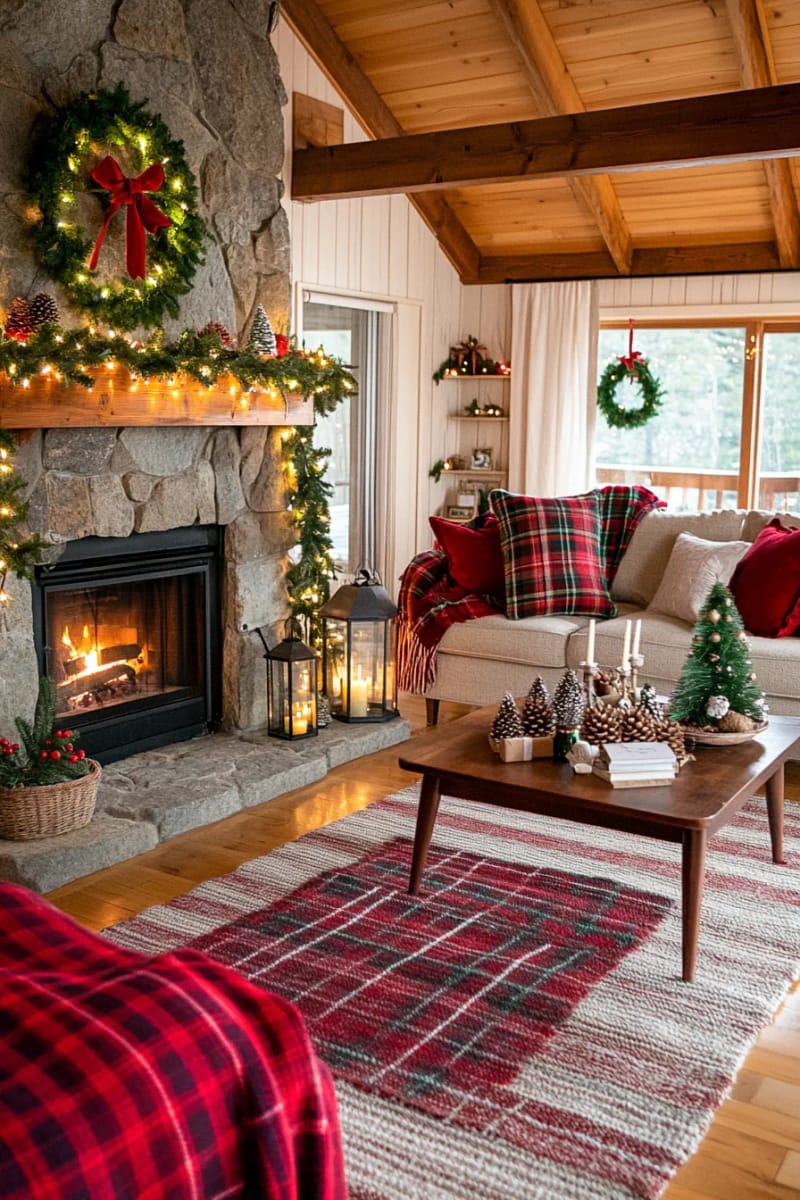 cozy cabin interiors with plaid blankets and twinkling garlands 1