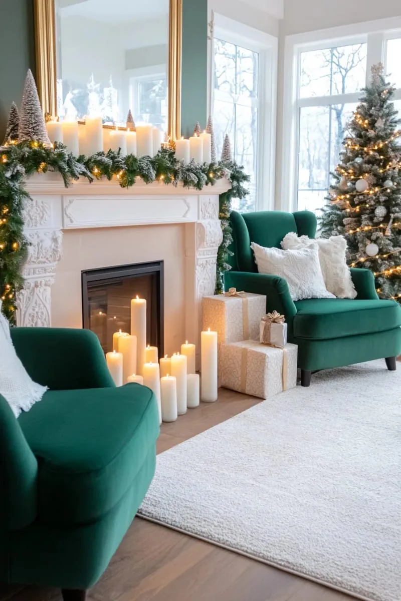 cozy candle clusters with frosty pinecones and snow-dusted garland 1