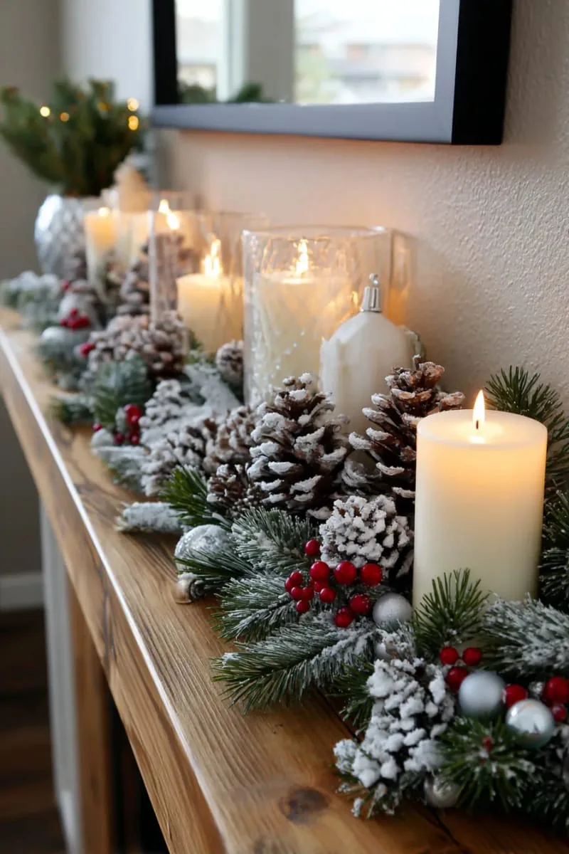 cozy candle clusters with frosty pinecones and snow-dusted garland 1