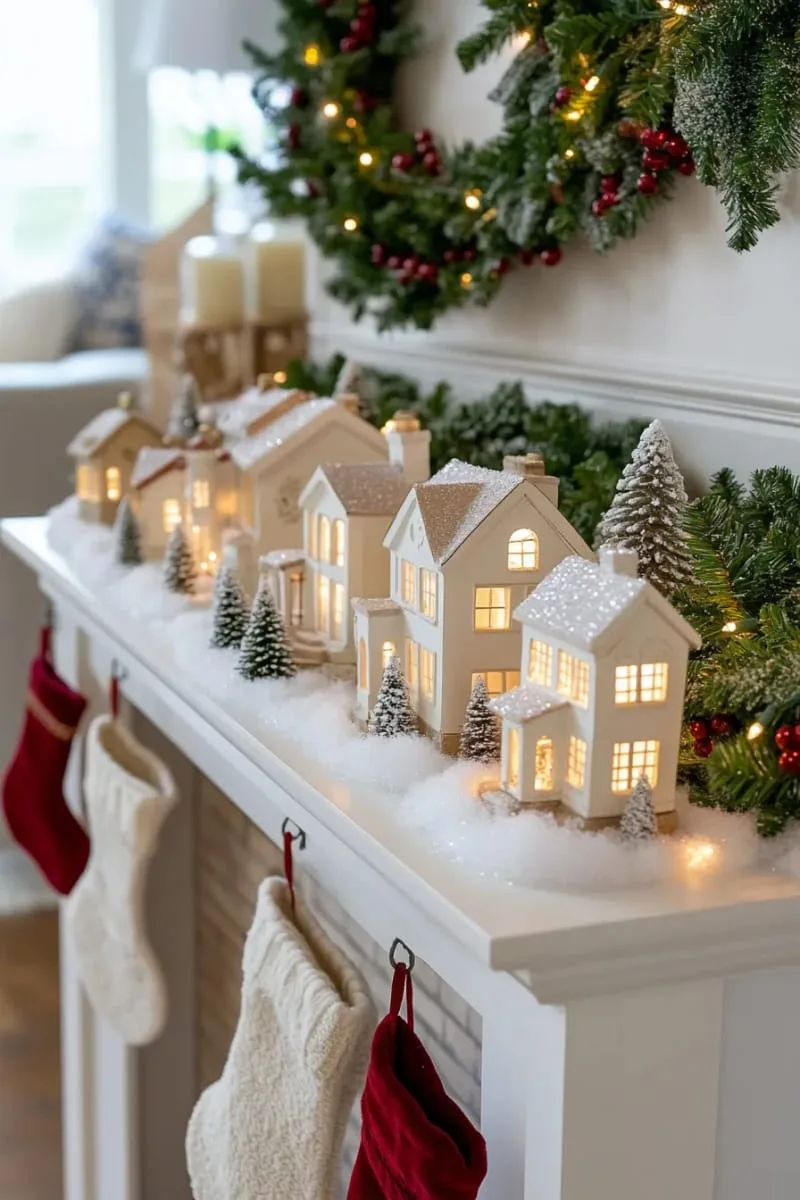 cozy christmas village houses glowing with tiny twinkle lights and snowy rooftops 1