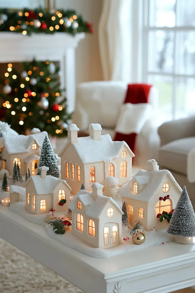 cozy christmas village houses glowing with tiny twinkle lights and snowy rooftops 1