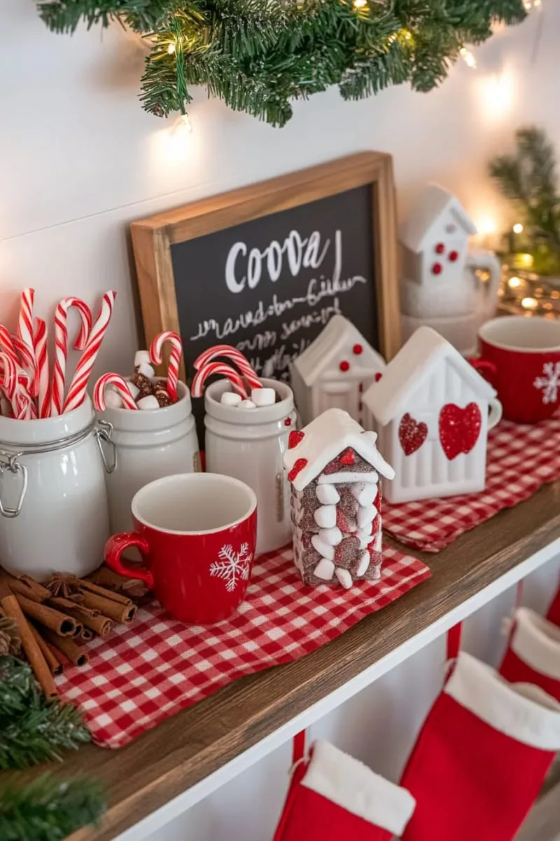 cozy cocoa bar shelf with holiday mugs, candy canes, and plaid accents 1
