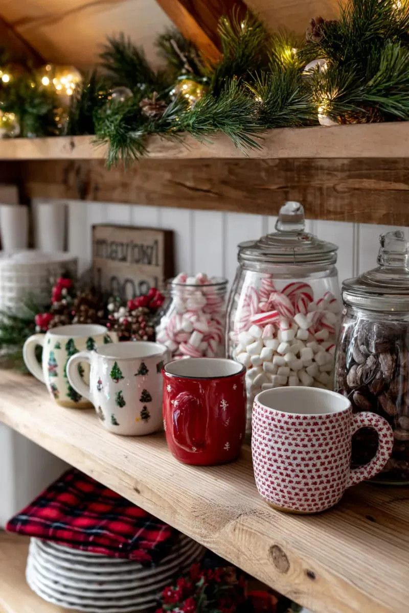 cozy cocoa bar shelf with holiday mugs, candy canes, and plaid accents 1