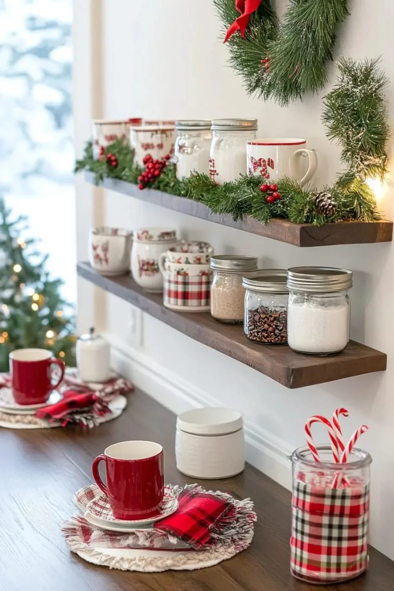 cozy cocoa bar shelf with holiday mugs, candy canes, and plaid accents 1