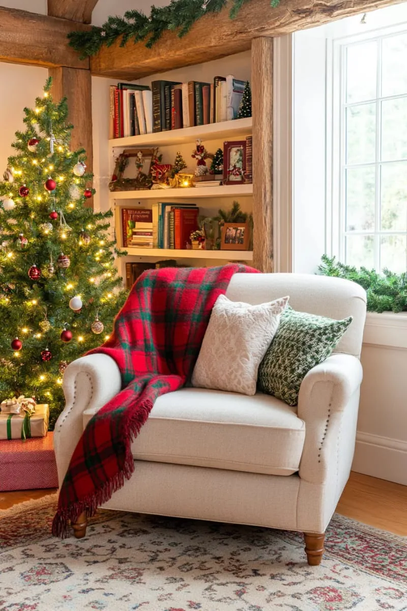 cozy corner chair draped in tartan blanket next to a petite christmas tree 1